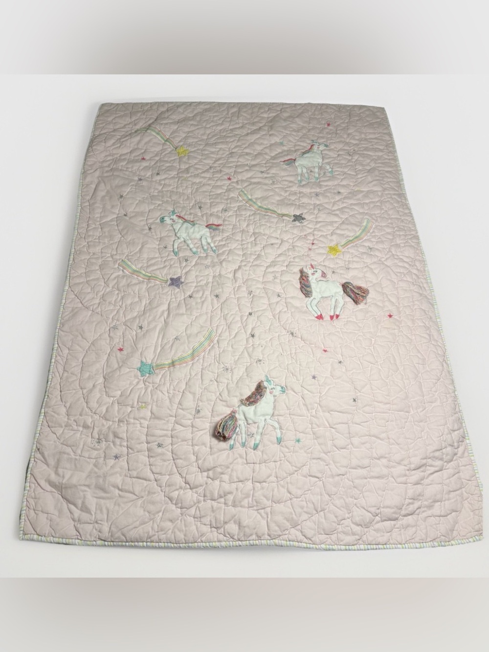 Pottery Barn Kids Rainbow Unicorn Toddler Quilt ~ 36” x 50” Blanket Pink Cover